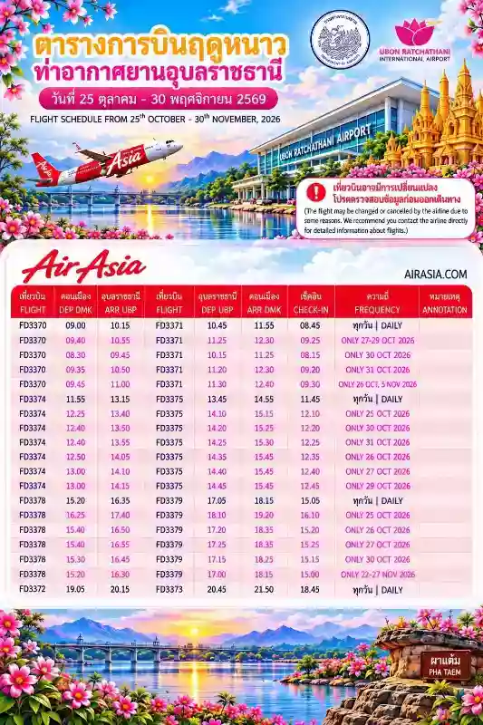 หนาวนี้บินอุบลฯ กัน! เช็คตารางบินแอร์เอเชีย เดินทางสะดวกทุกช่วงเวลา