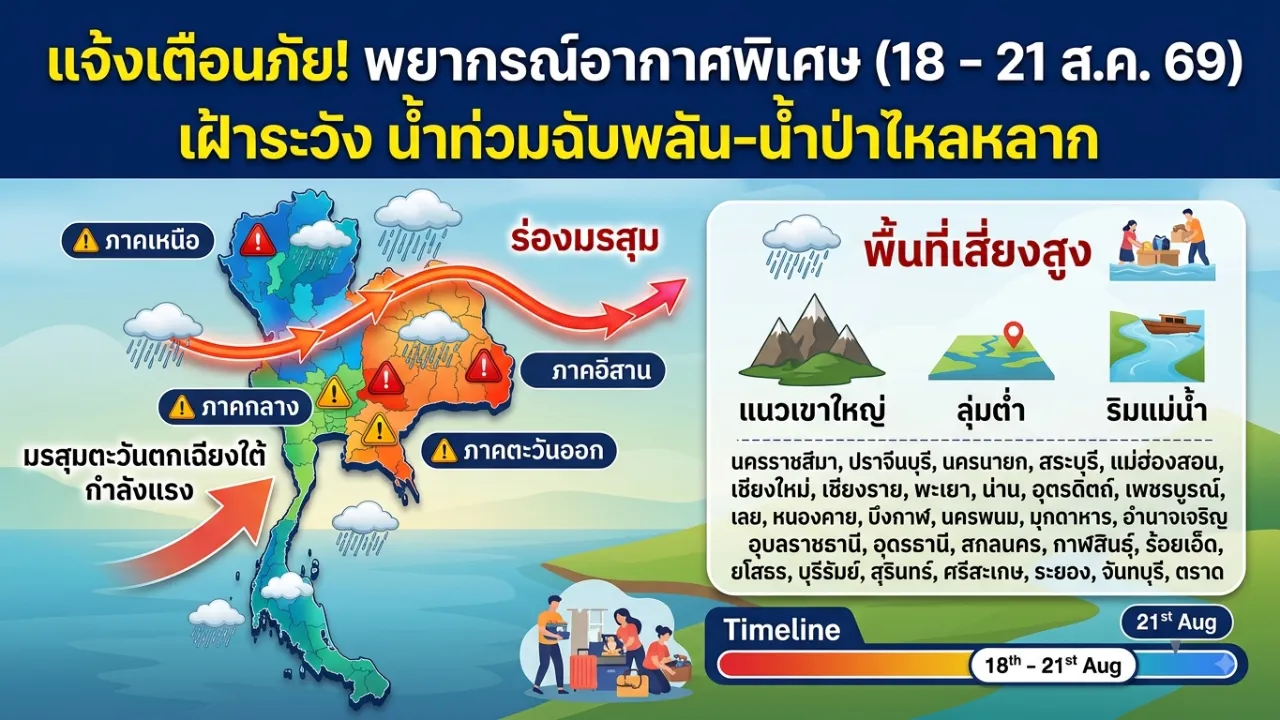 เตือนภัยขั้นสูงสุด! ร่องมรสุมทวีความแรง ปักปักฉุกเฉิน 4 ภาครับมือ "น้ำท่วมฉับพลัน-น้ำป่าไหลหลาก" 18-21 ส.ค. นี้